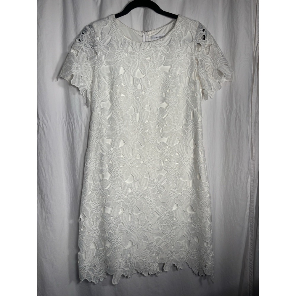 Calvin Klein Dress Women's Ivory Embroidered Floral Mesh Lined Size 8 I24